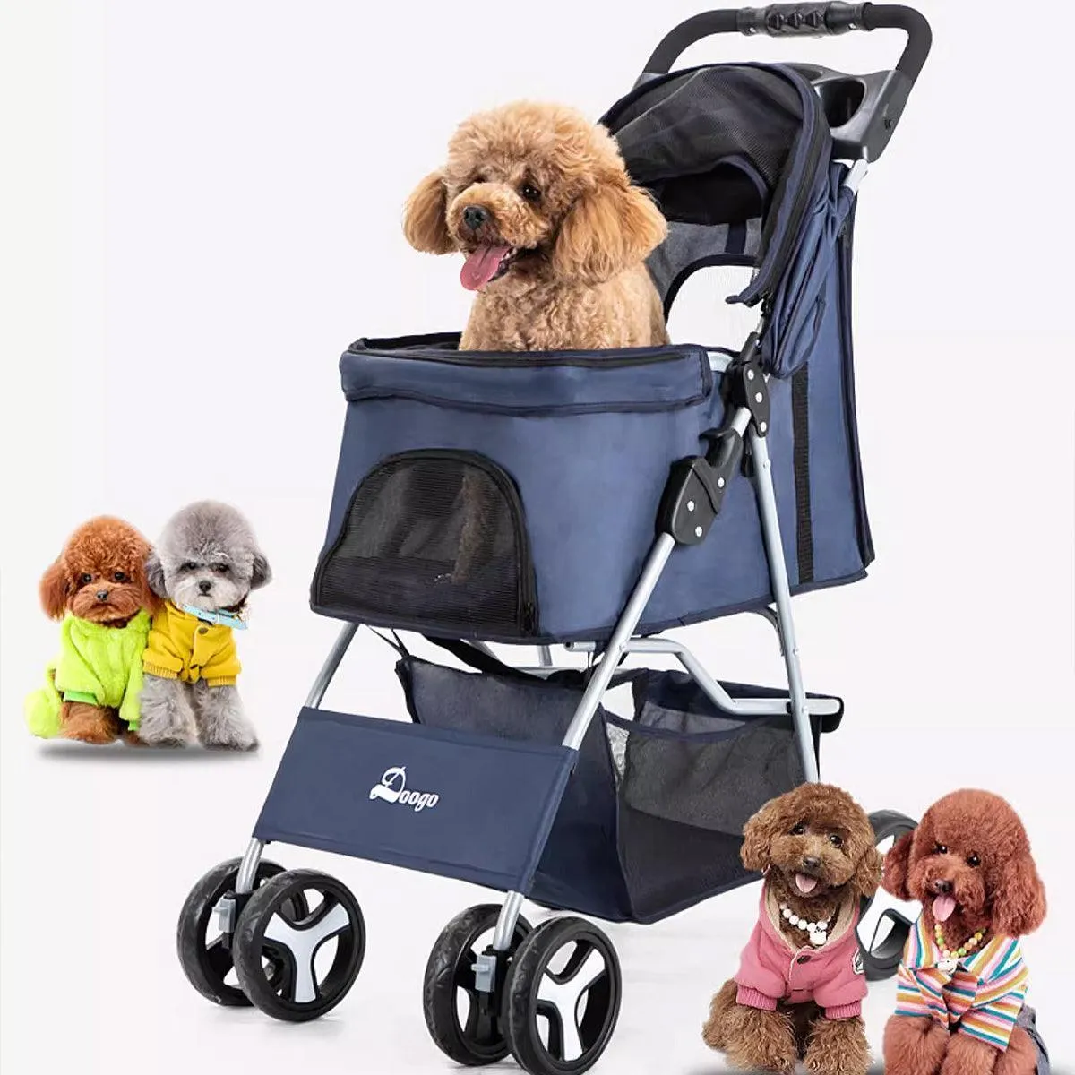 Foldable Pet Stroller 4 Wheels Dog Cat Travel Pram Carrier Cage Pushchair