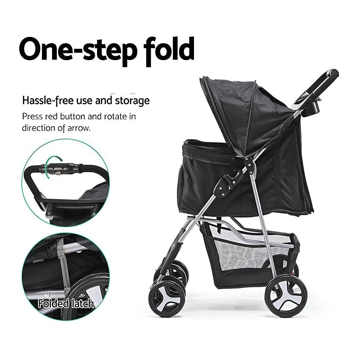 Foldable Pet Stroller 4 Wheels Dog Cat Travel Pram Carrier Cage Pushchair