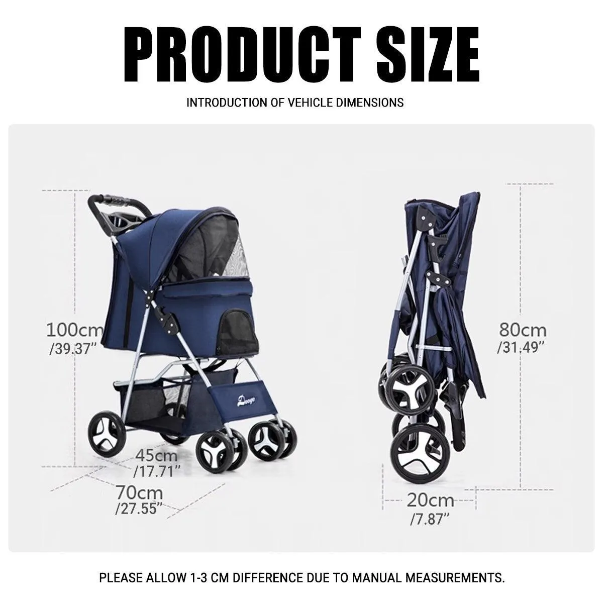 Foldable Pet Stroller 4 Wheels Dog Cat Travel Pram Carrier Cage Pushchair