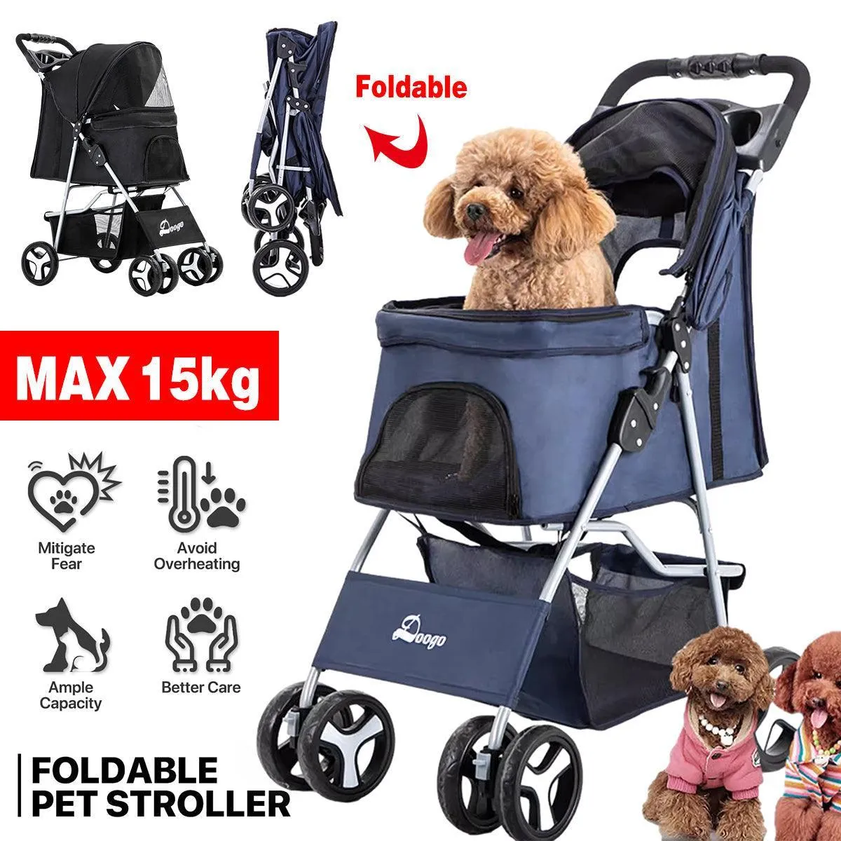 Foldable Pet Stroller 4 Wheels Dog Cat Travel Pram Carrier Cage Pushchair