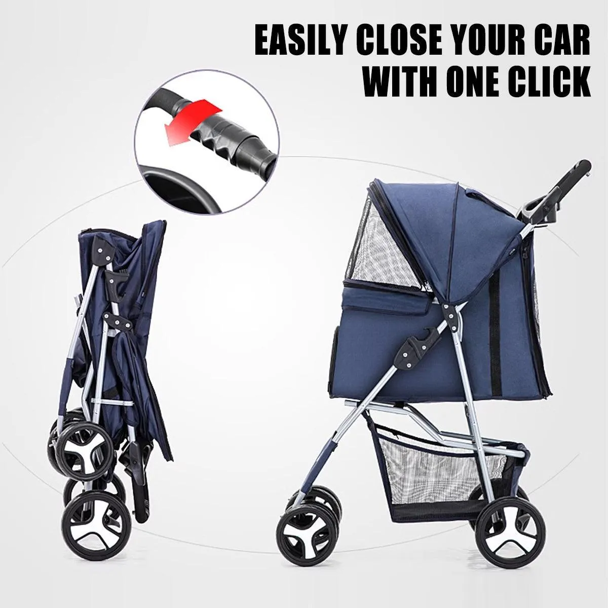 Foldable Pet Stroller 4 Wheels Dog Cat Travel Pram Carrier Cage Pushchair