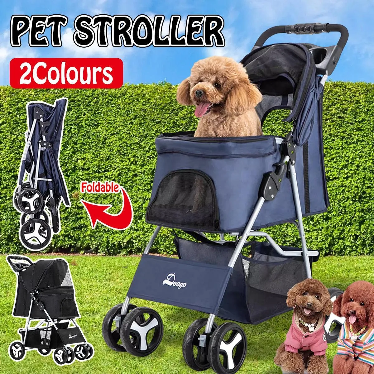 Foldable Pet Stroller 4 Wheels Dog Cat Travel Pram Carrier Cage Pushchair