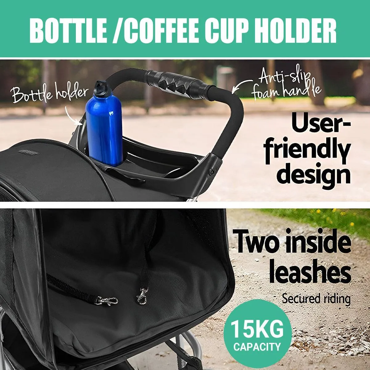 Foldable Pet Stroller 4 Wheels Dog Cat Travel Pram Carrier Cage Pushchair