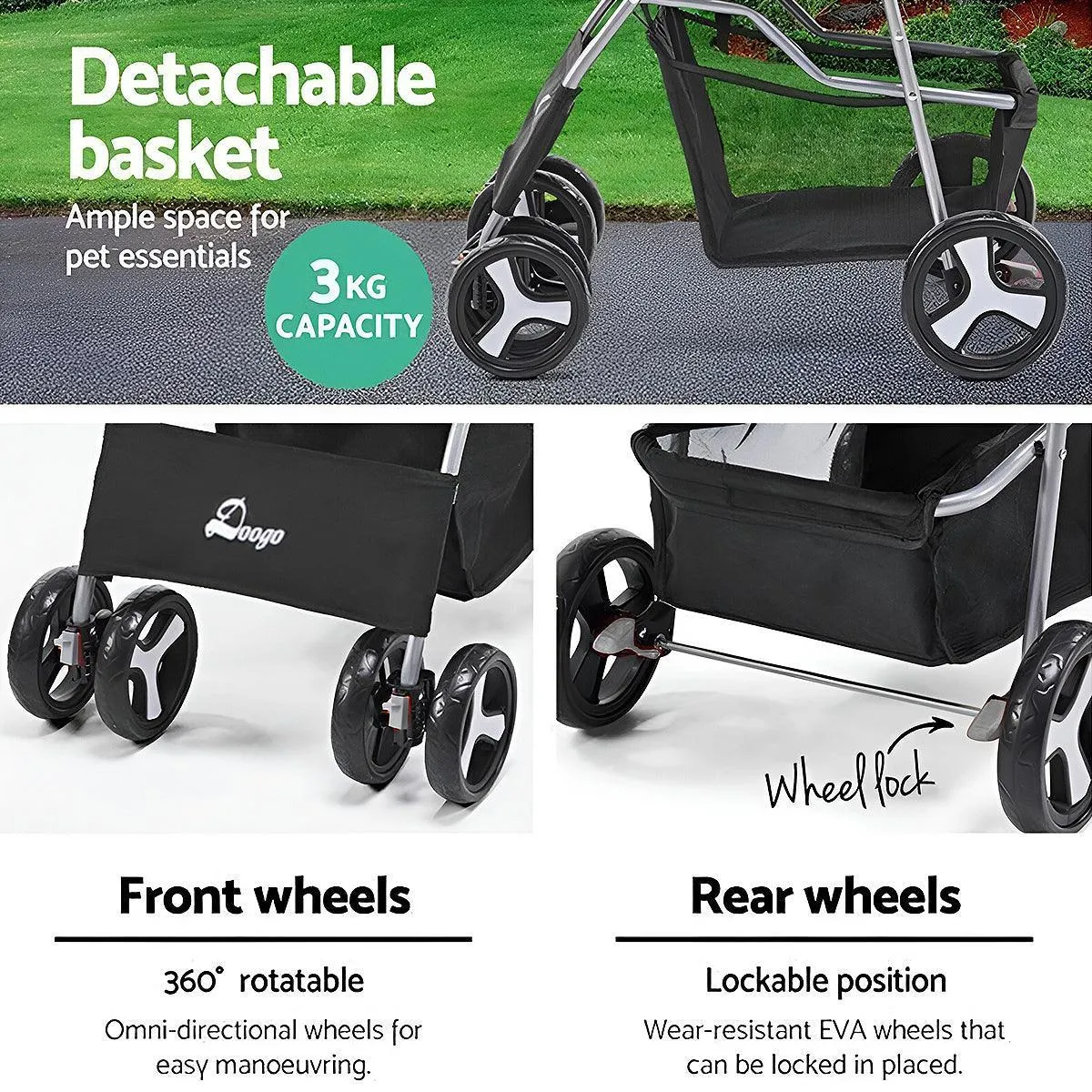 Foldable Pet Stroller 4 Wheels Dog Cat Travel Pram Carrier Cage Pushchair