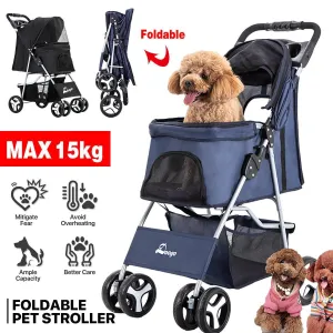 Foldable Pet Stroller 4 Wheels Dog Cat Travel Pram Carrier Cage Pushchair