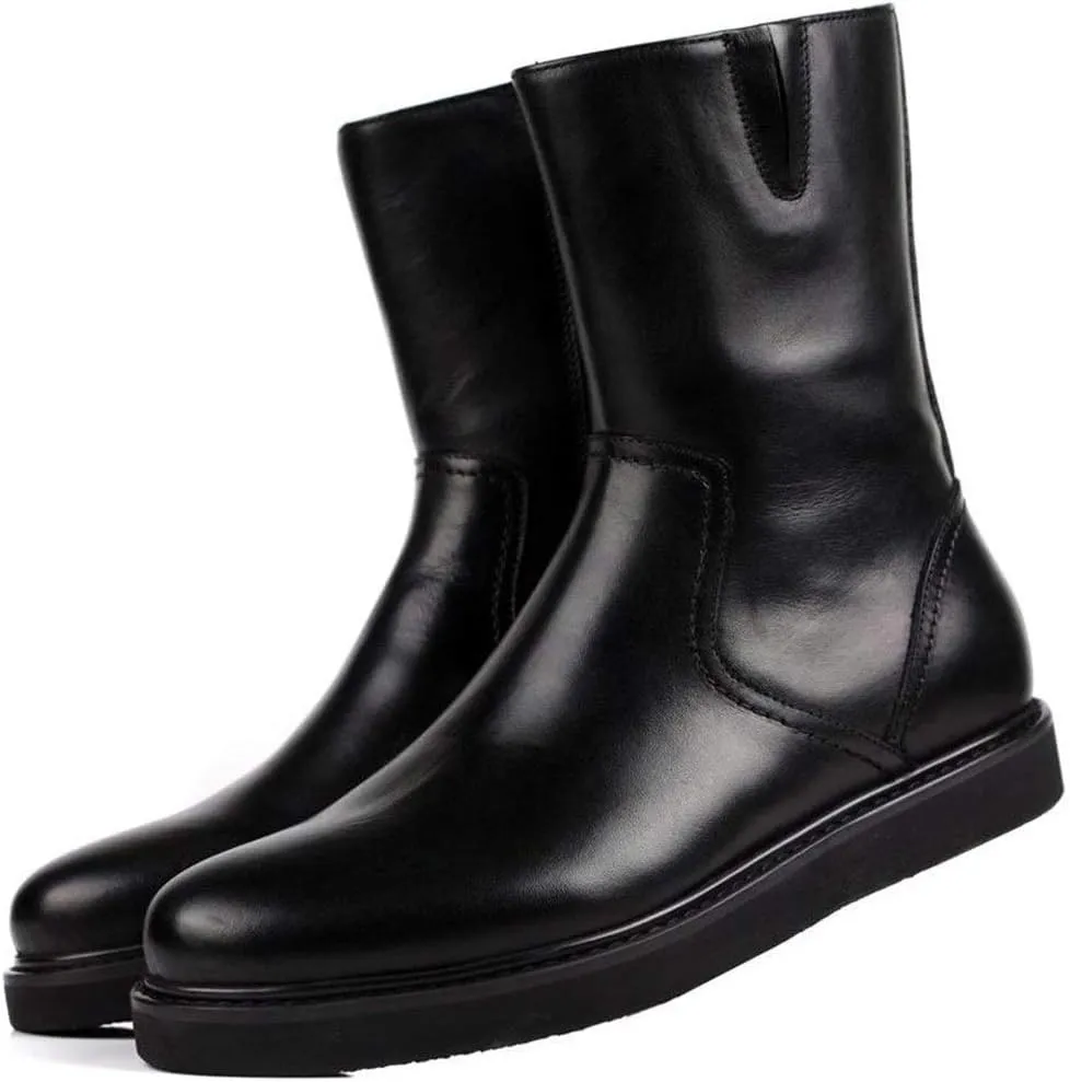 For Men Ankle Boots Mens Flat Solid Black Mid-calf Boots Office Holiday Business Club For Party Pure Leather The First Layer Of Cowhide Genuine Leather