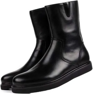 For Men Ankle Boots Mens Flat Solid Black Mid-calf Boots Office Holiday Business Club For Party Pure Leather The First Layer Of Cowhide Genuine Leather
