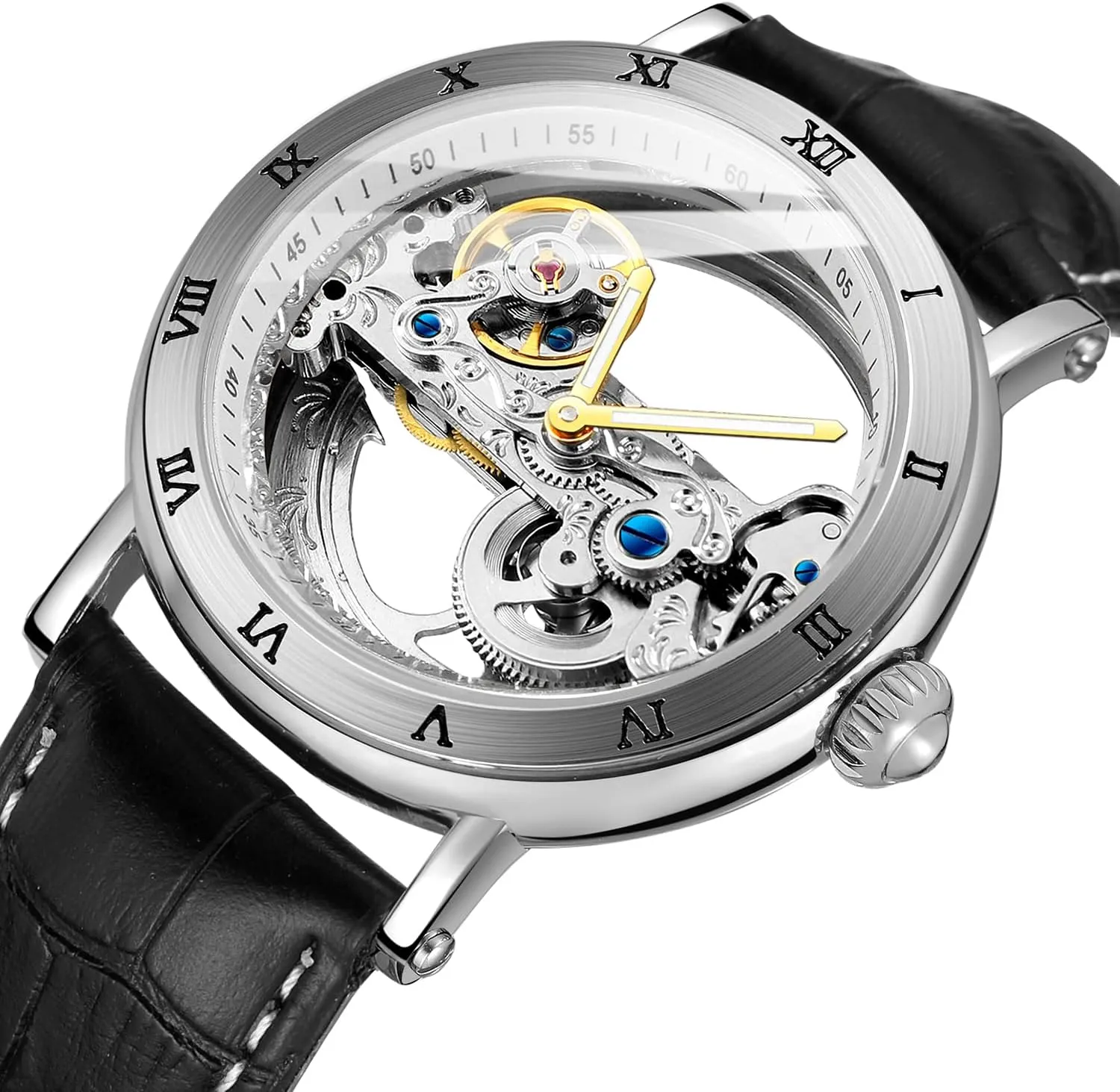 FORSINING Men's Unique Design Luxury Automatic Movt Popular Style Genuine Leather Strap Skeleton Watch