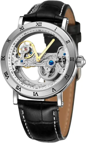 FORSINING Men's Unique Design Luxury Automatic Movt Popular Style Genuine Leather Strap Skeleton Watch