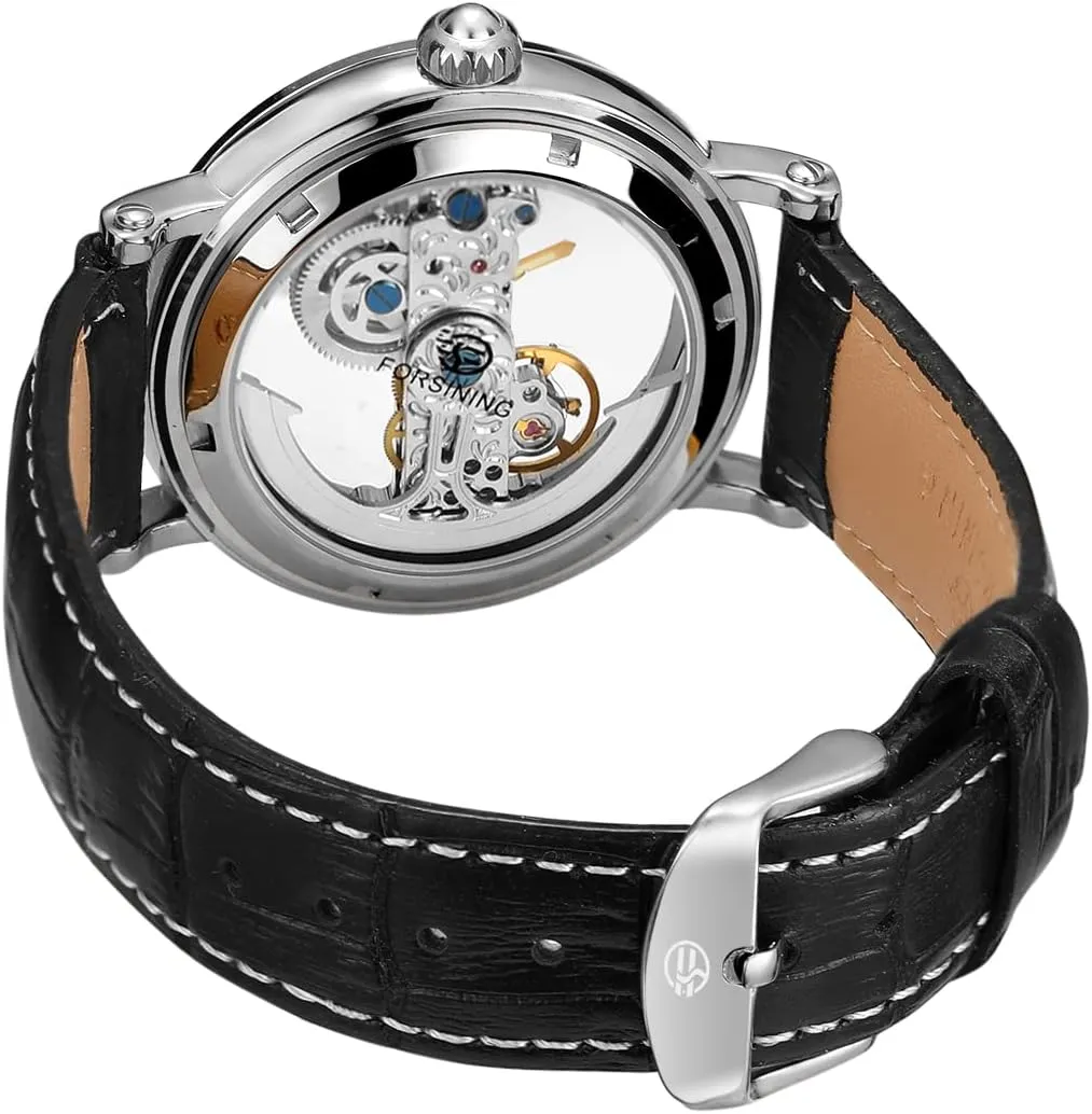 FORSINING Men's Unique Design Luxury Automatic Movt Popular Style Genuine Leather Strap Skeleton Watch