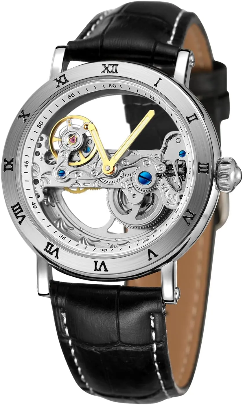 FORSINING Men's Unique Design Luxury Automatic Movt Popular Style Genuine Leather Strap Skeleton Watch