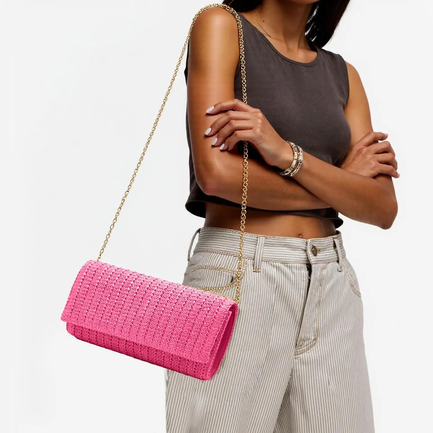 Fozehlad Straw Clutch Bags for Women Straw Beach Crossbody Purse Woven Envelope Wallet Fold Over Chain Shoulder Bag