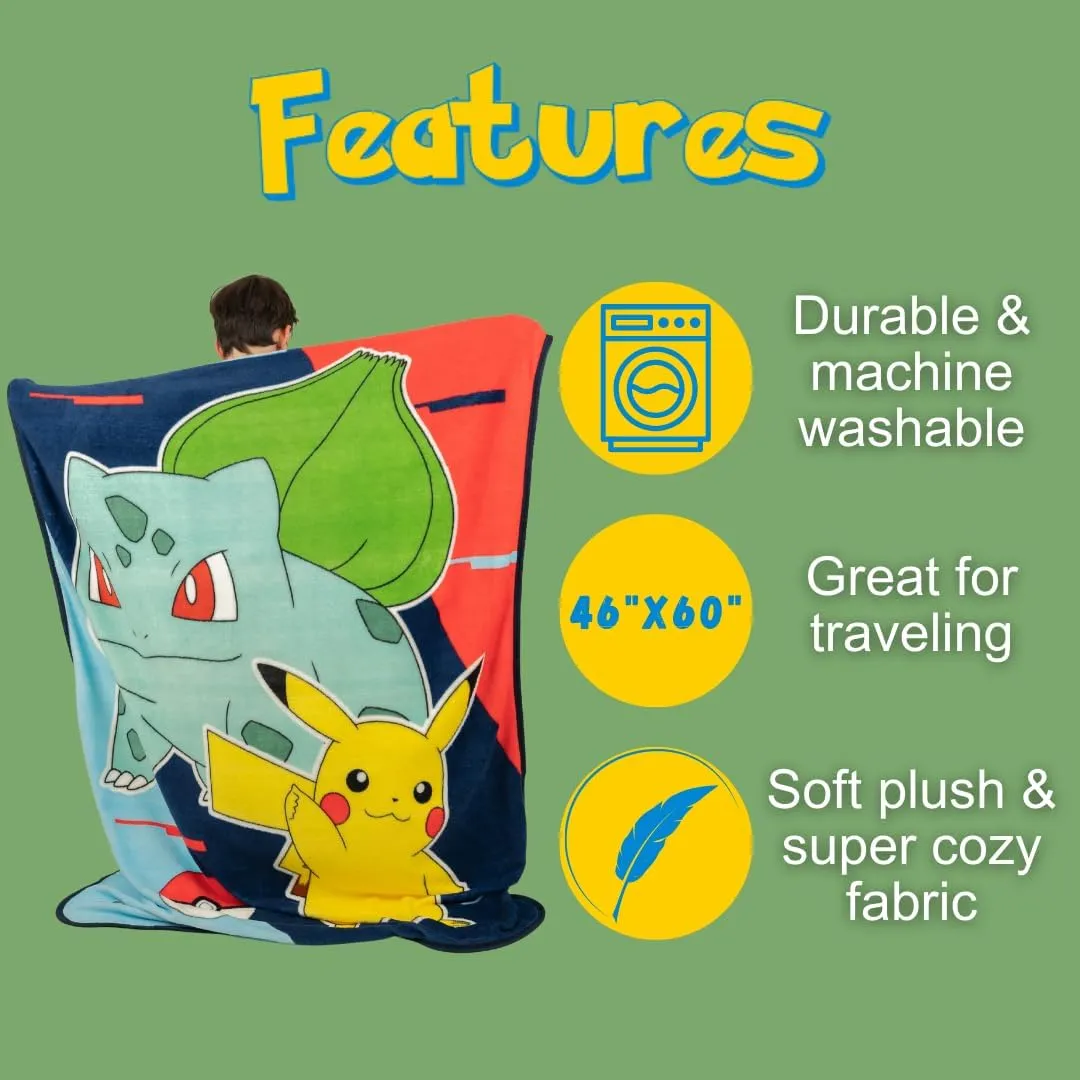 Franco Pokemon Anime Pikachu and Bulbasaur Kids Bedding Super Soft Micro Raschel Throw, 46 in x 60 in, (Official Licensed Product)
