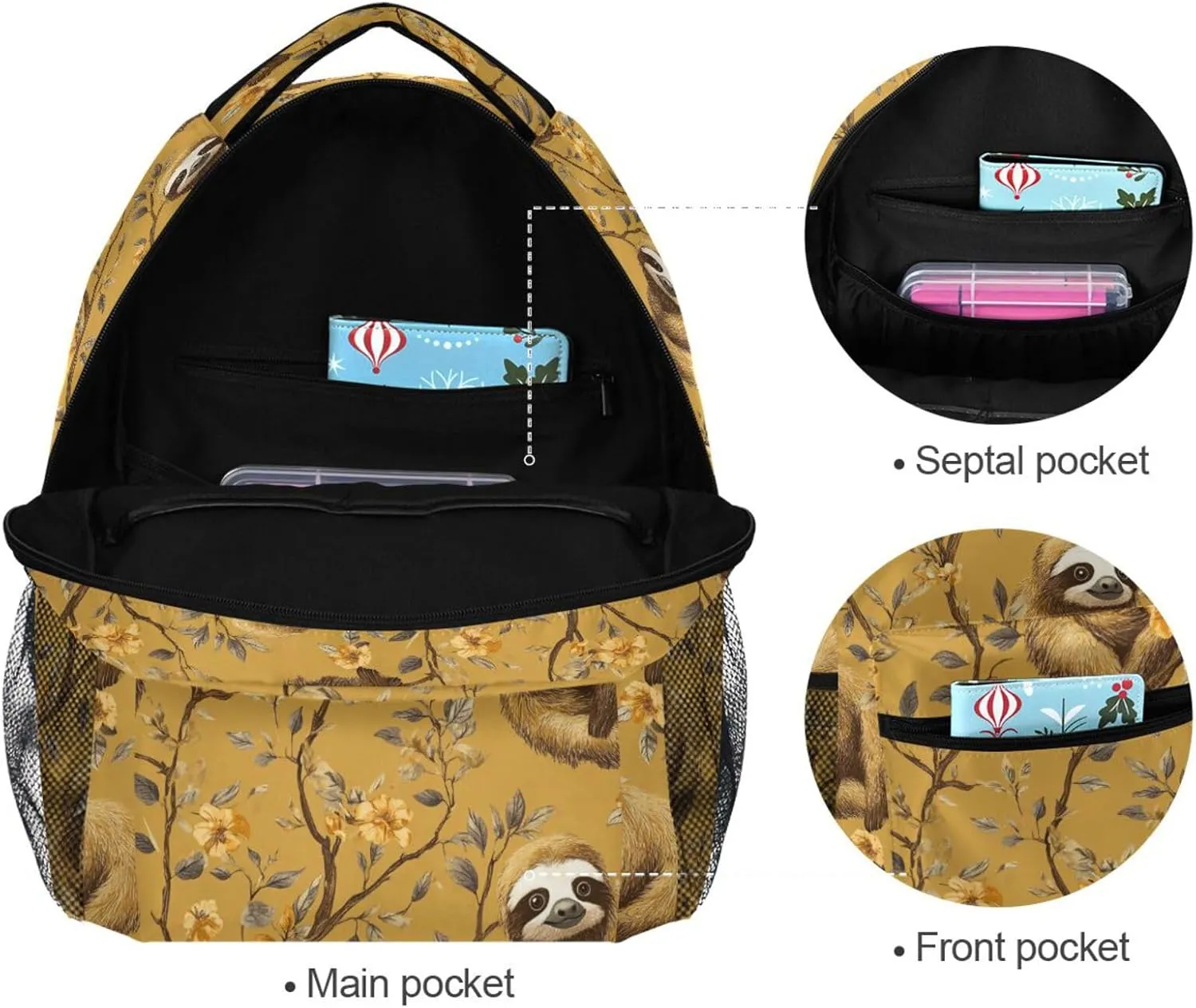 Fun Backpack for Men and Women Fashion Business Work Bag with Chest Strap for College Work Cartoon Sweet Sloth Gold