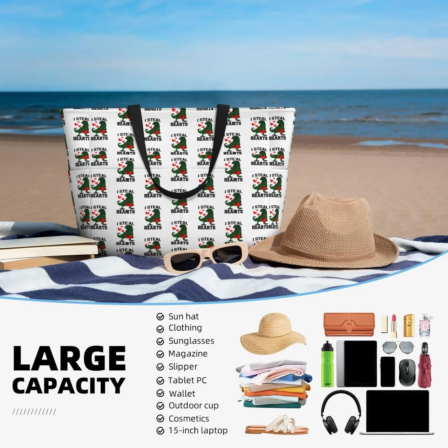 Fun Dinosaur Large Capacity Travel Bag Lightweight Shopping Handbag Beach Tote Bags Casual Work Bag For Women