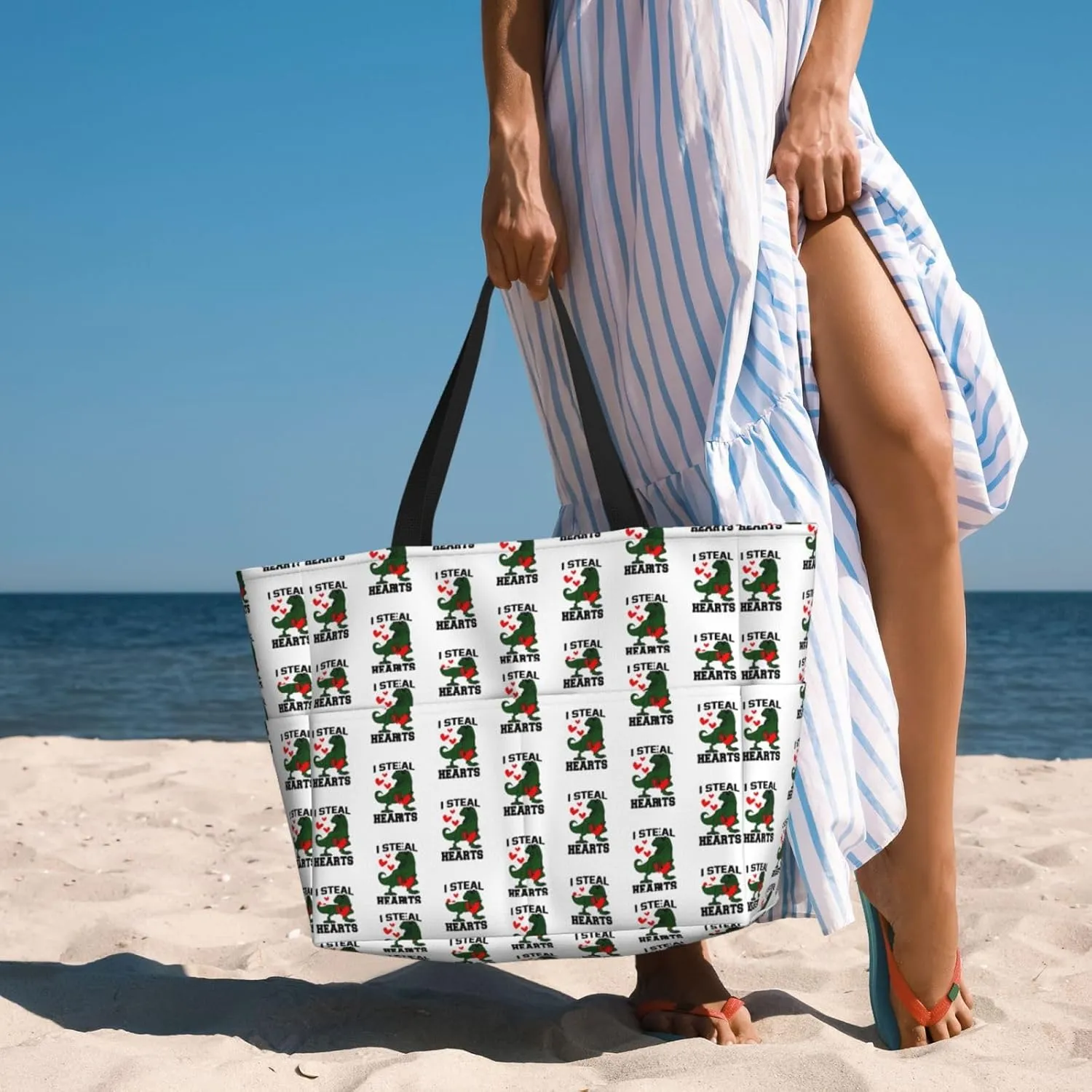 Fun Dinosaur Large Capacity Travel Bag Lightweight Shopping Handbag Beach Tote Bags Casual Work Bag For Women