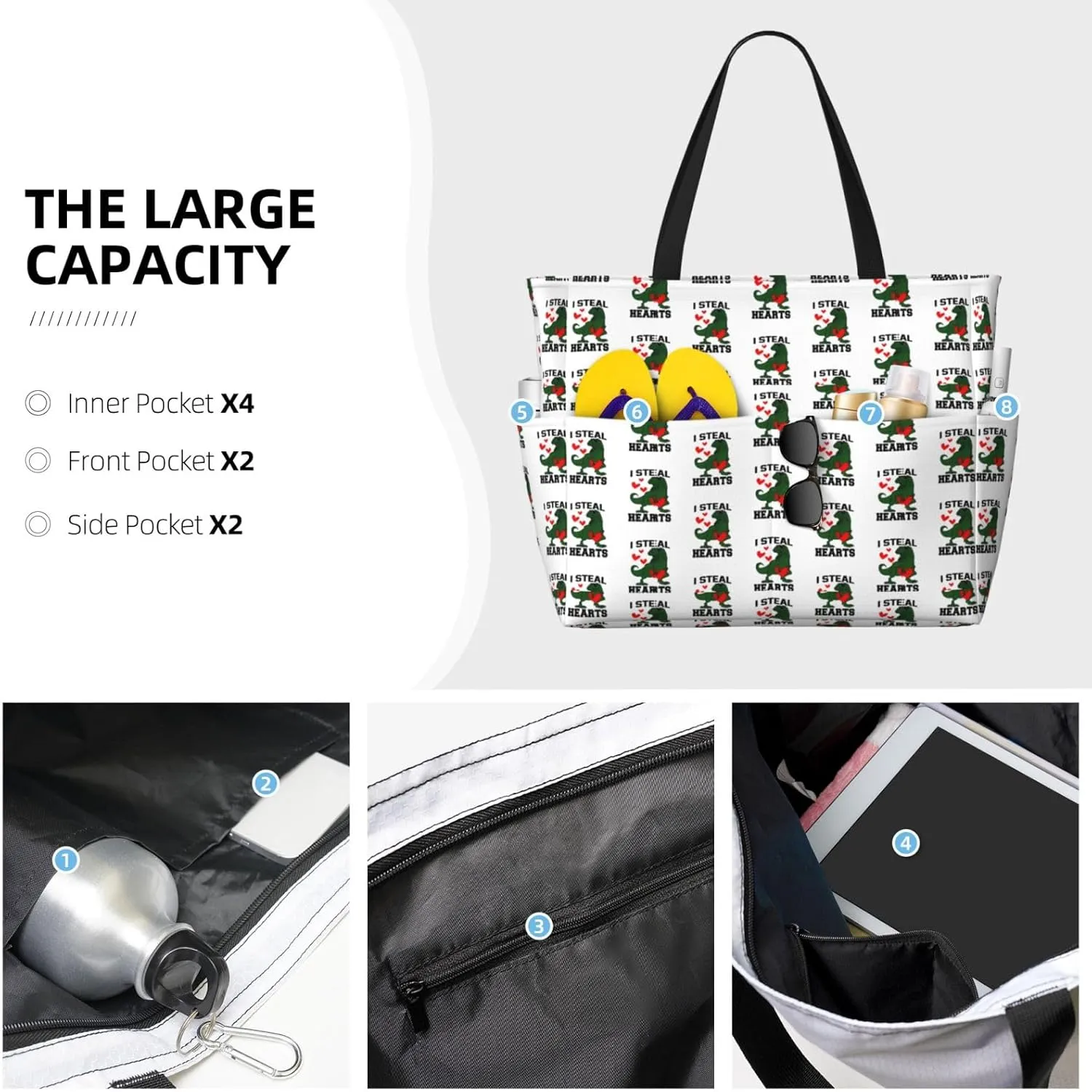 Fun Dinosaur Large Capacity Travel Bag Lightweight Shopping Handbag Beach Tote Bags Casual Work Bag For Women
