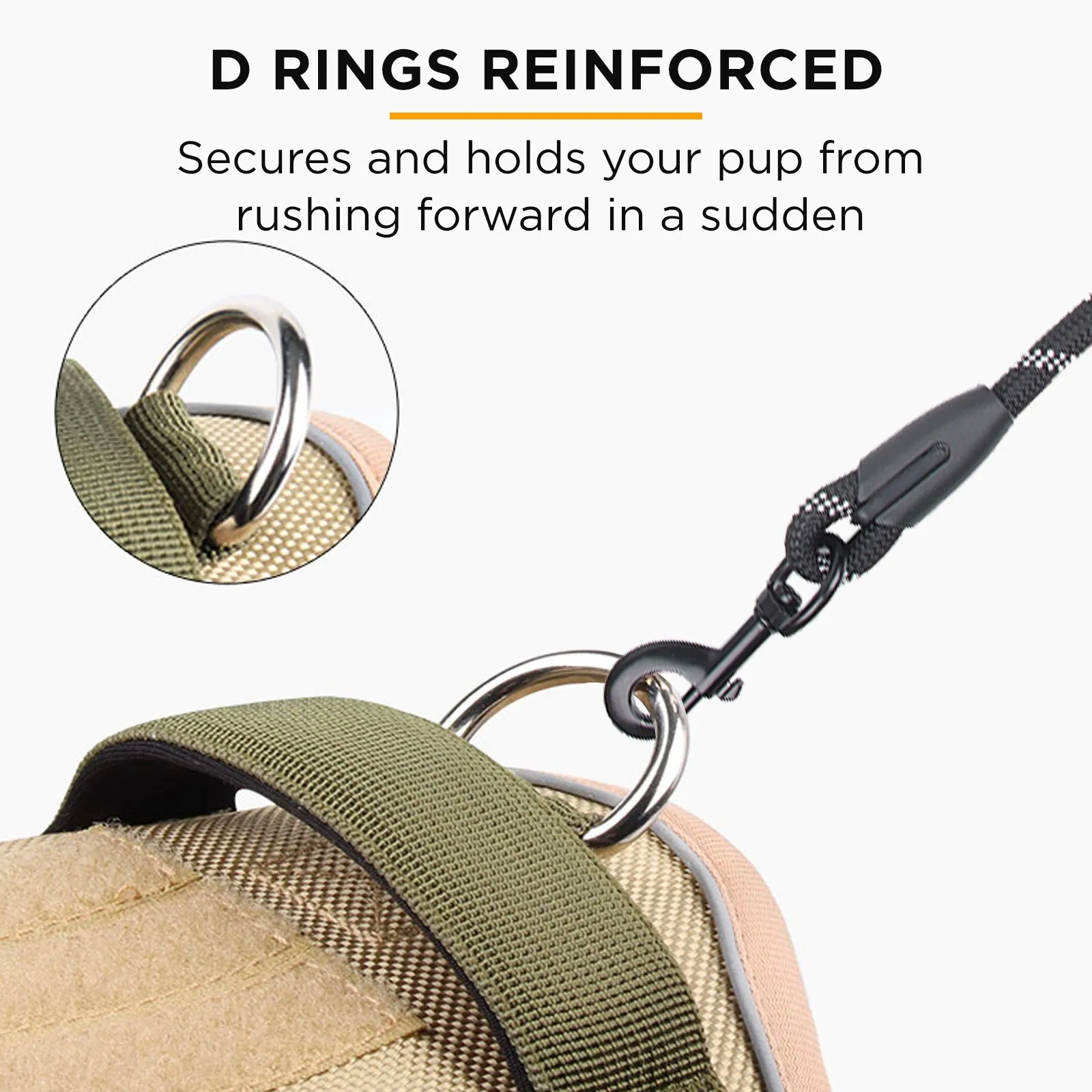 Furbulous Tactical Dog Harness Adjustable No Pull Pet Harness Reflective Working Training Dog Harness with 1.5m Lead - Khaki Large