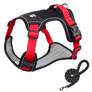 Furbulous Tactical Dog Harness Adjustable No Pull Pet Harness Reflective Working Training Dog Harness with 1.5m Lead - Red Medium