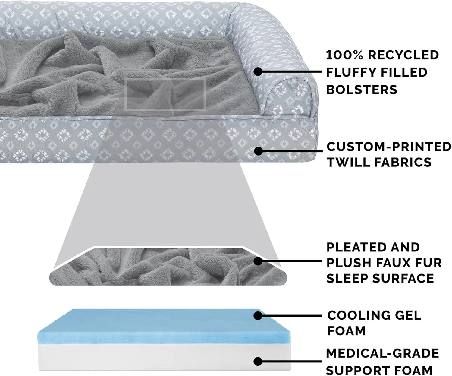 Furhaven Cooling Gel Dog Bed for Large Dogs w/ Removable Bolsters & Washable Cover, For Dogs Up to 95 lbs - Plush & Diamond Print Nest Top Sofa - Gray, Jumbo/XL