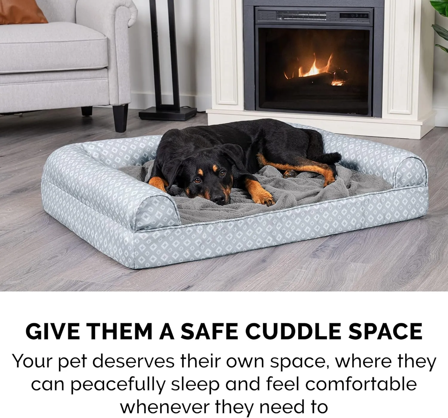Furhaven Cooling Gel Dog Bed for Large Dogs w/ Removable Bolsters & Washable Cover, For Dogs Up to 95 lbs - Plush & Diamond Print Nest Top Sofa - Gray, Jumbo/XL