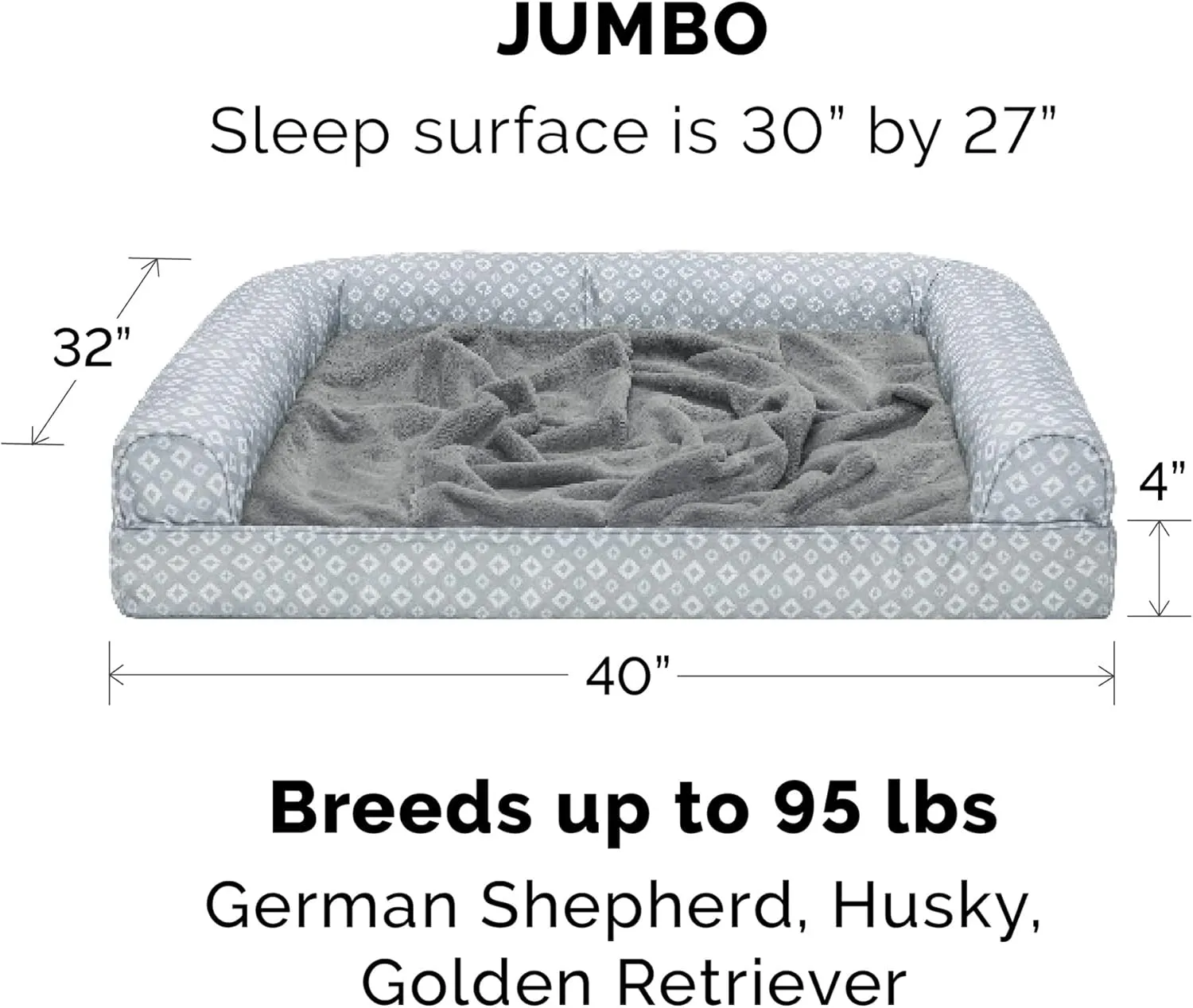 Furhaven Cooling Gel Dog Bed for Large Dogs w/ Removable Bolsters & Washable Cover, For Dogs Up to 95 lbs - Plush & Diamond Print Nest Top Sofa - Gray, Jumbo/XL