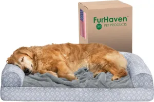 Furhaven Cooling Gel Dog Bed for Large Dogs w/ Removable Bolsters & Washable Cover, For Dogs Up to 95 lbs - Plush & Diamond Print Nest Top Sofa - Gray, Jumbo/XL