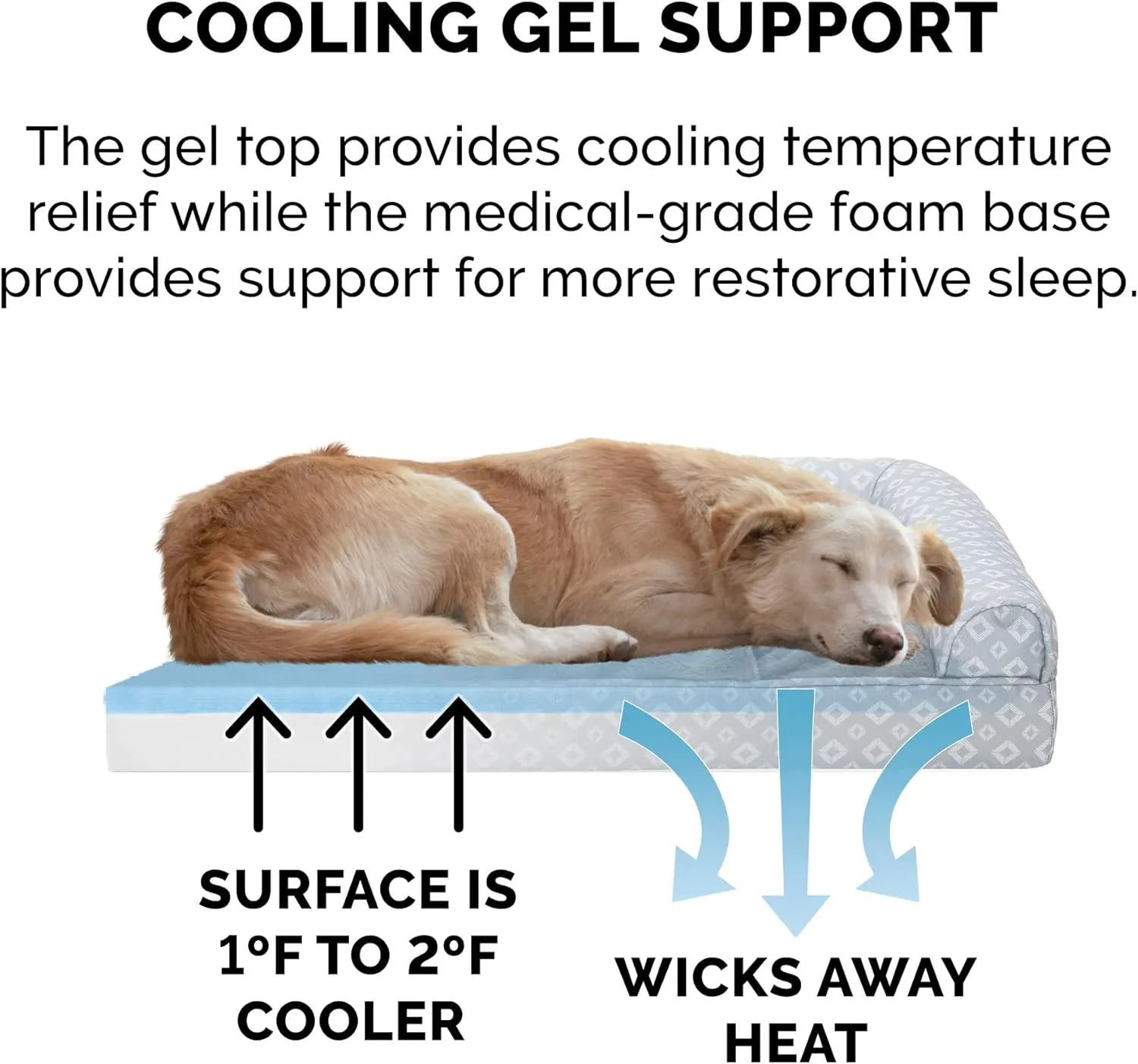 Furhaven Cooling Gel Dog Bed for Large Dogs w/ Removable Bolsters & Washable Cover, For Dogs Up to 95 lbs - Plush & Diamond Print Nest Top Sofa - Gray, Jumbo/XL