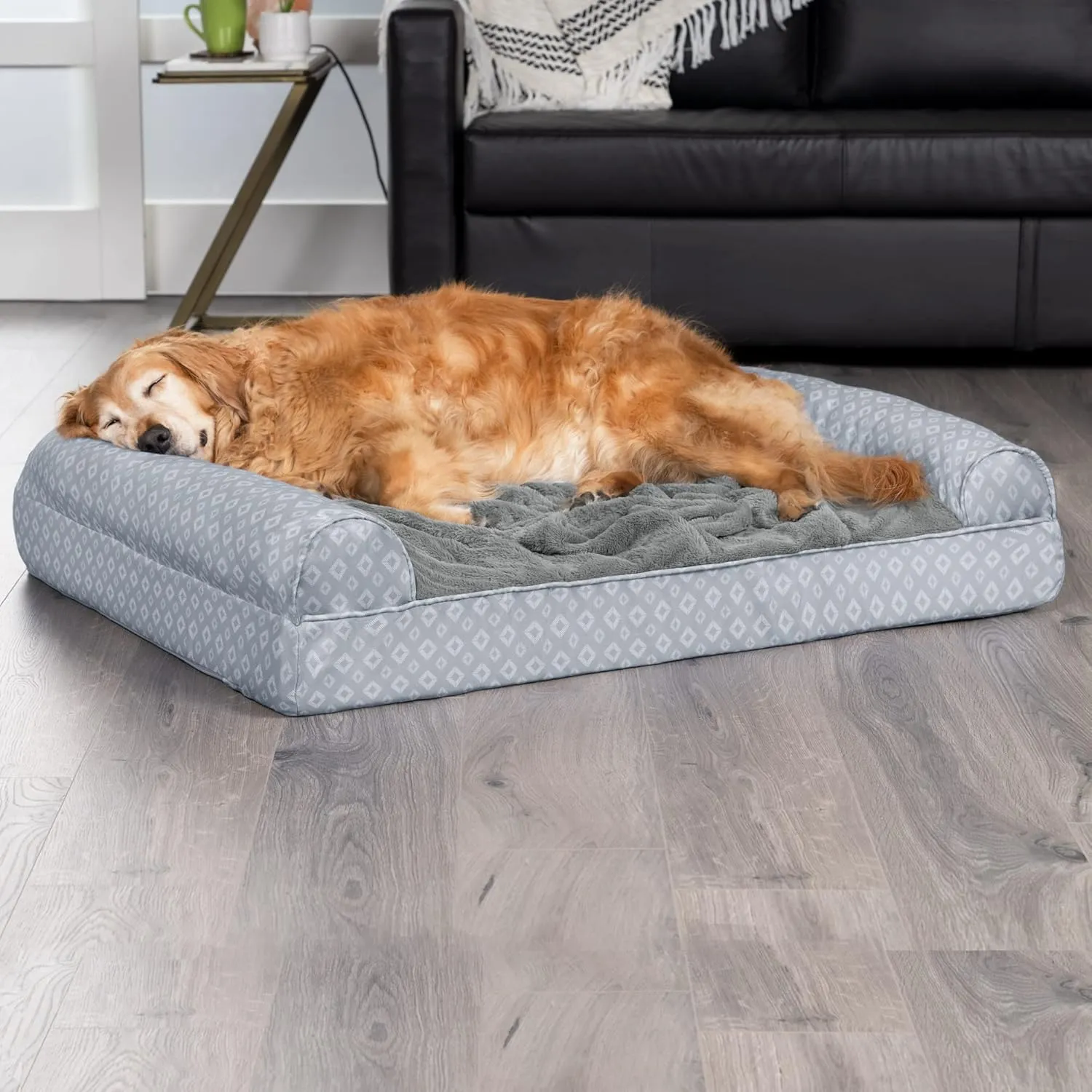 Furhaven Cooling Gel Dog Bed for Large Dogs w/ Removable Bolsters & Washable Cover, For Dogs Up to 95 lbs - Plush & Diamond Print Nest Top Sofa - Gray, Jumbo/XL