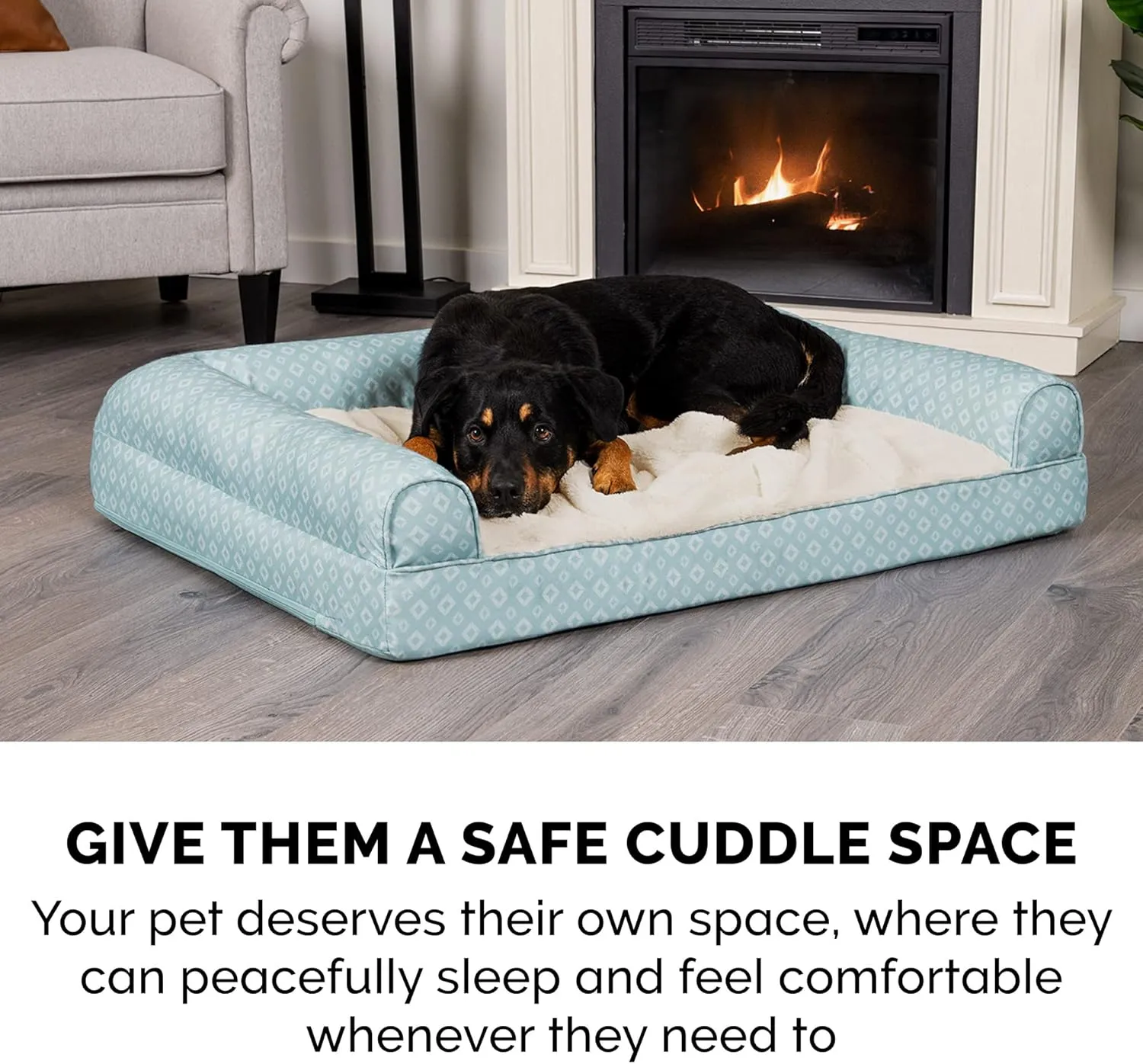 Furhaven Cozy Memory Foam Dog Bed for Large Dogs w/ Removable Bolsters & Washable Cover, For Dogs Up to 95 lbs - Plush & Diamond Print Nest Top Sofa - Aqua, Jumbo/XL