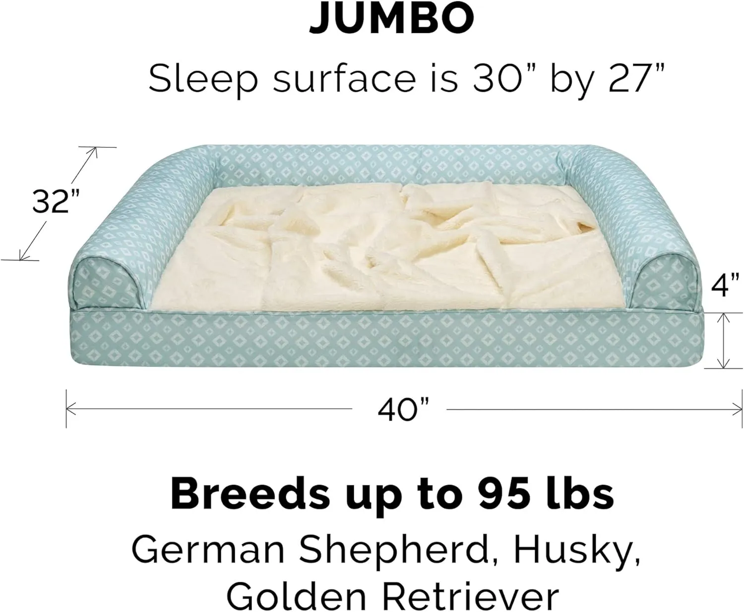 Furhaven Cozy Memory Foam Dog Bed for Large Dogs w/ Removable Bolsters & Washable Cover, For Dogs Up to 95 lbs - Plush & Diamond Print Nest Top Sofa - Aqua, Jumbo/XL