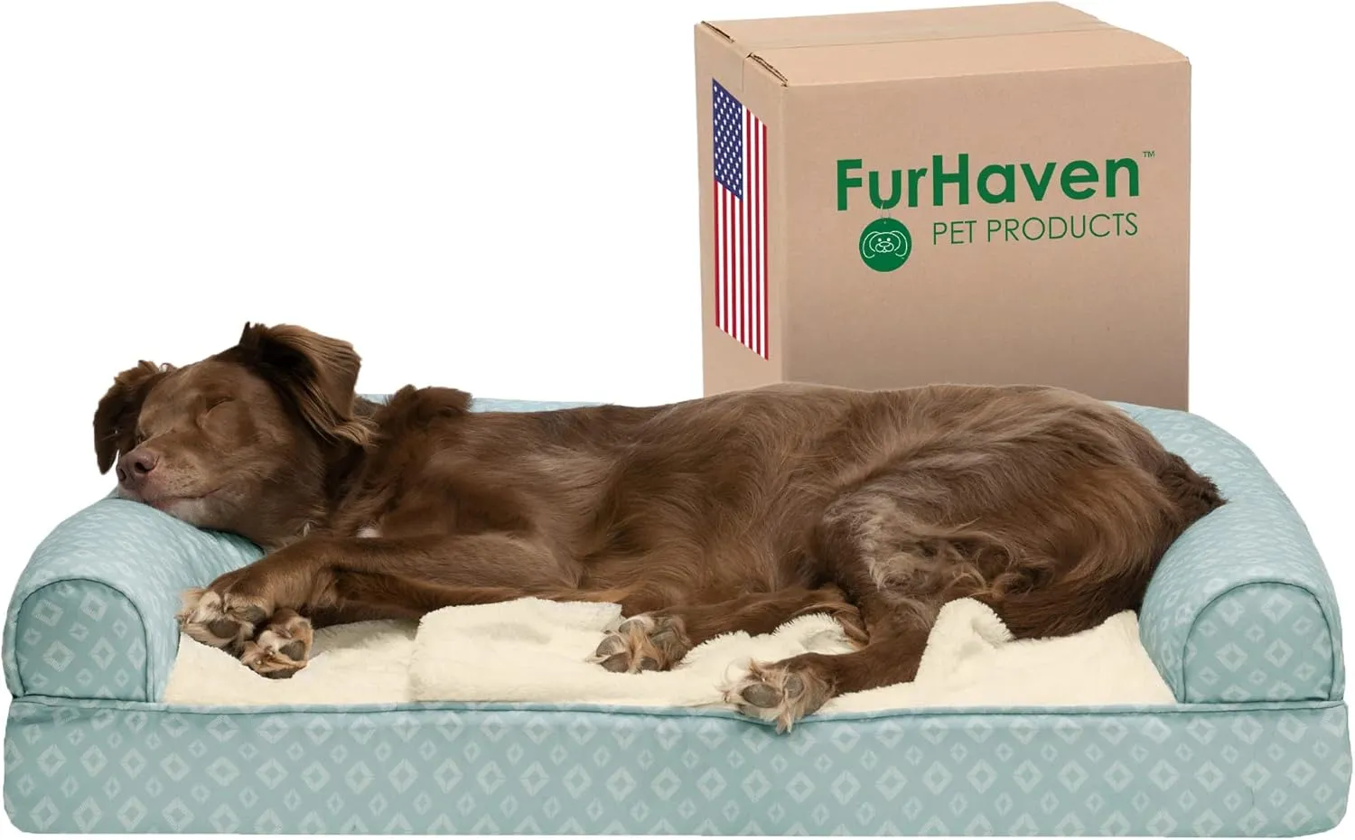 Furhaven Cozy Memory Foam Dog Bed for Large Dogs w/ Removable Bolsters & Washable Cover, For Dogs Up to 95 lbs - Plush & Diamond Print Nest Top Sofa - Aqua, Jumbo/XL