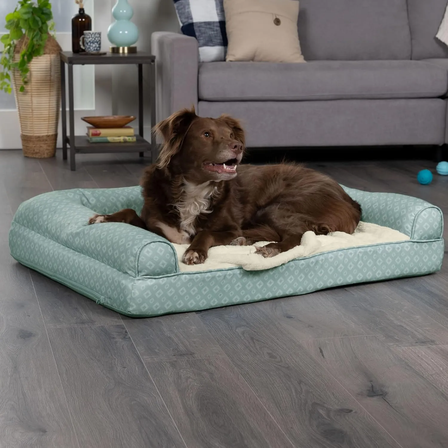 Furhaven Cozy Memory Foam Dog Bed for Large Dogs w/ Removable Bolsters & Washable Cover, For Dogs Up to 95 lbs - Plush & Diamond Print Nest Top Sofa - Aqua, Jumbo/XL