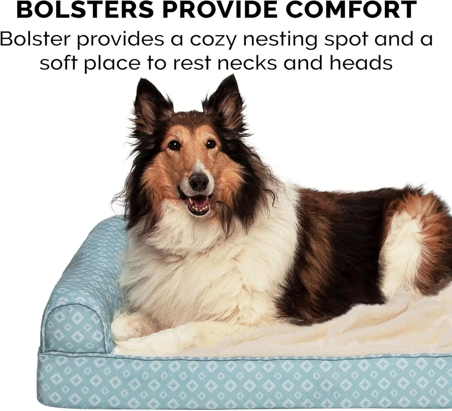 Furhaven Cozy Memory Foam Dog Bed for Large Dogs w/ Removable Bolsters & Washable Cover, For Dogs Up to 95 lbs - Plush & Diamond Print Nest Top Sofa - Aqua, Jumbo/XL