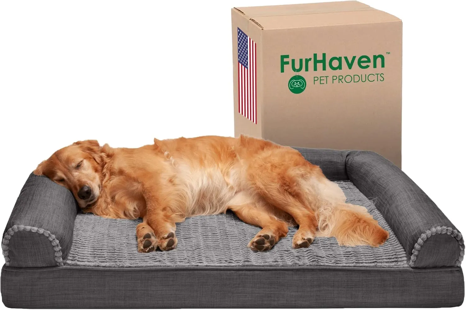 Furhaven Orthopedic Dog Bed for Large Dogs w/ Removable Bolsters & Washable Cover, For Dogs Up to 95 lbs - Luxe Faux Fur & Performance Linen Sofa - Charcoal, Jumbo/XL