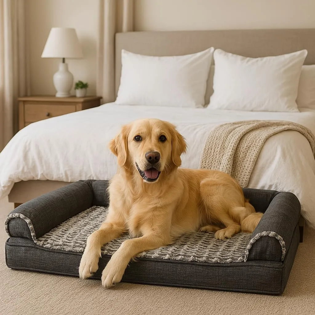 Furhaven Orthopedic Dog Bed for Large Dogs w/ Removable Bolsters & Washable Cover, For Dogs Up to 95 lbs - Luxe Faux Fur & Performance Linen Sofa - Charcoal, Jumbo/XL