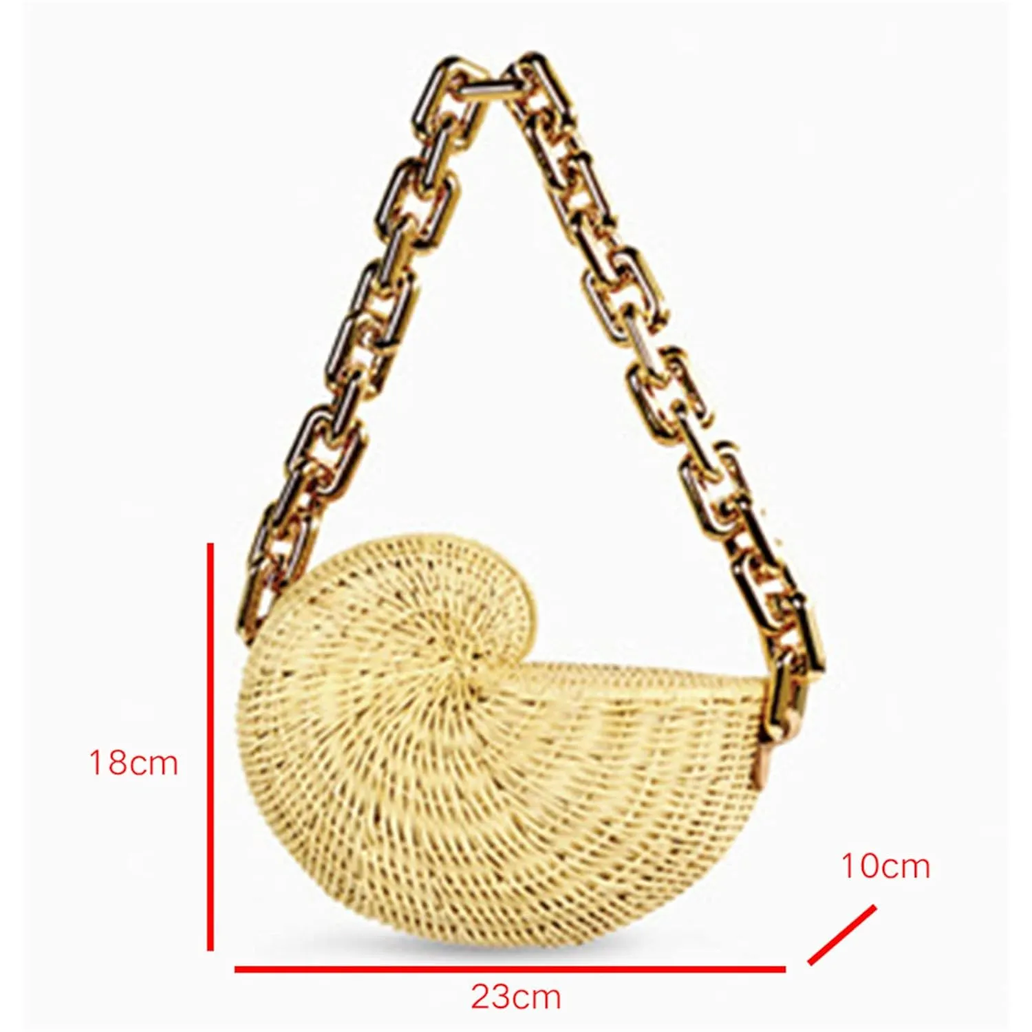 FURINFASHION FEI-1 Straw Woven Bag For Women With Qualited Metal One Shoulder Chain Shell Shaped Rattan Knitted Shoulder Bag Fashionable Conch Shape Small Beach Handbag (One Size, Log color)