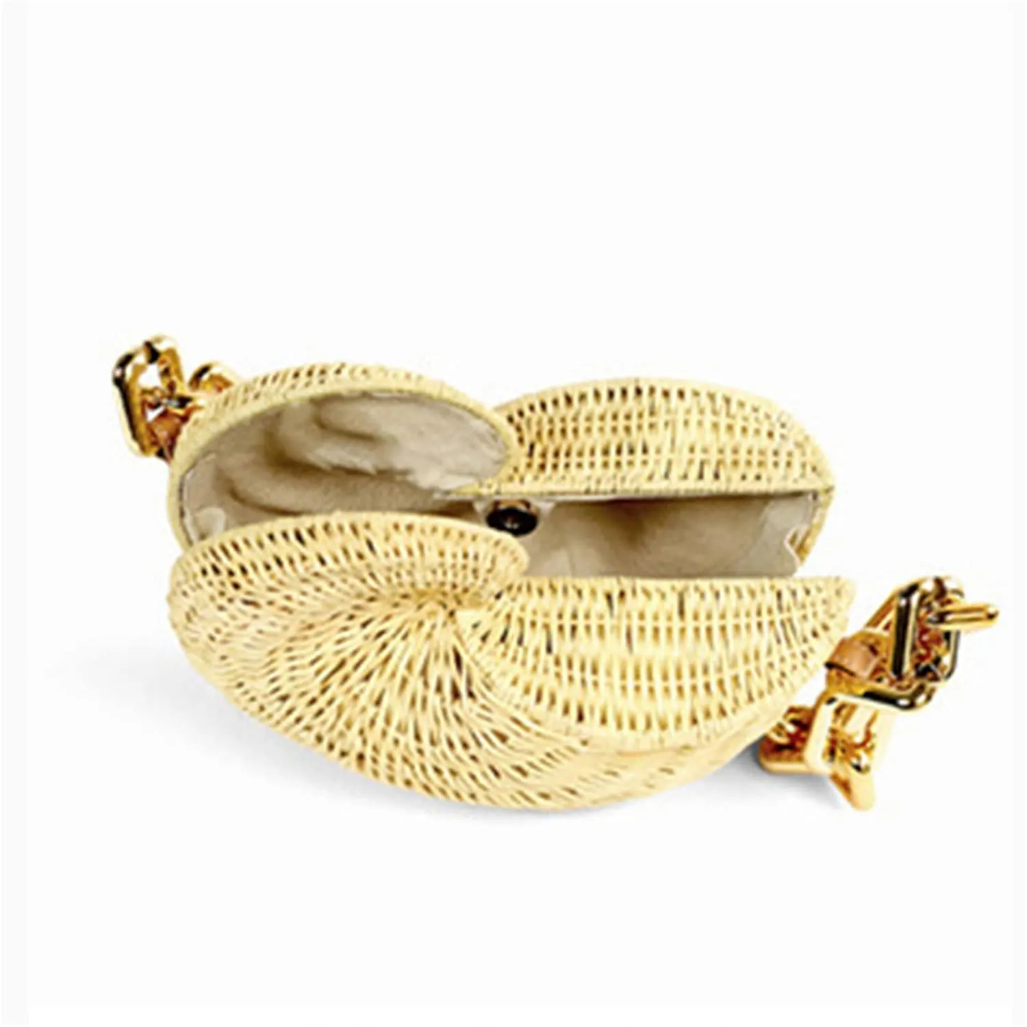 FURINFASHION FEI-1 Straw Woven Bag For Women With Qualited Metal One Shoulder Chain Shell Shaped Rattan Knitted Shoulder Bag Fashionable Conch Shape Small Beach Handbag (One Size, Log color)