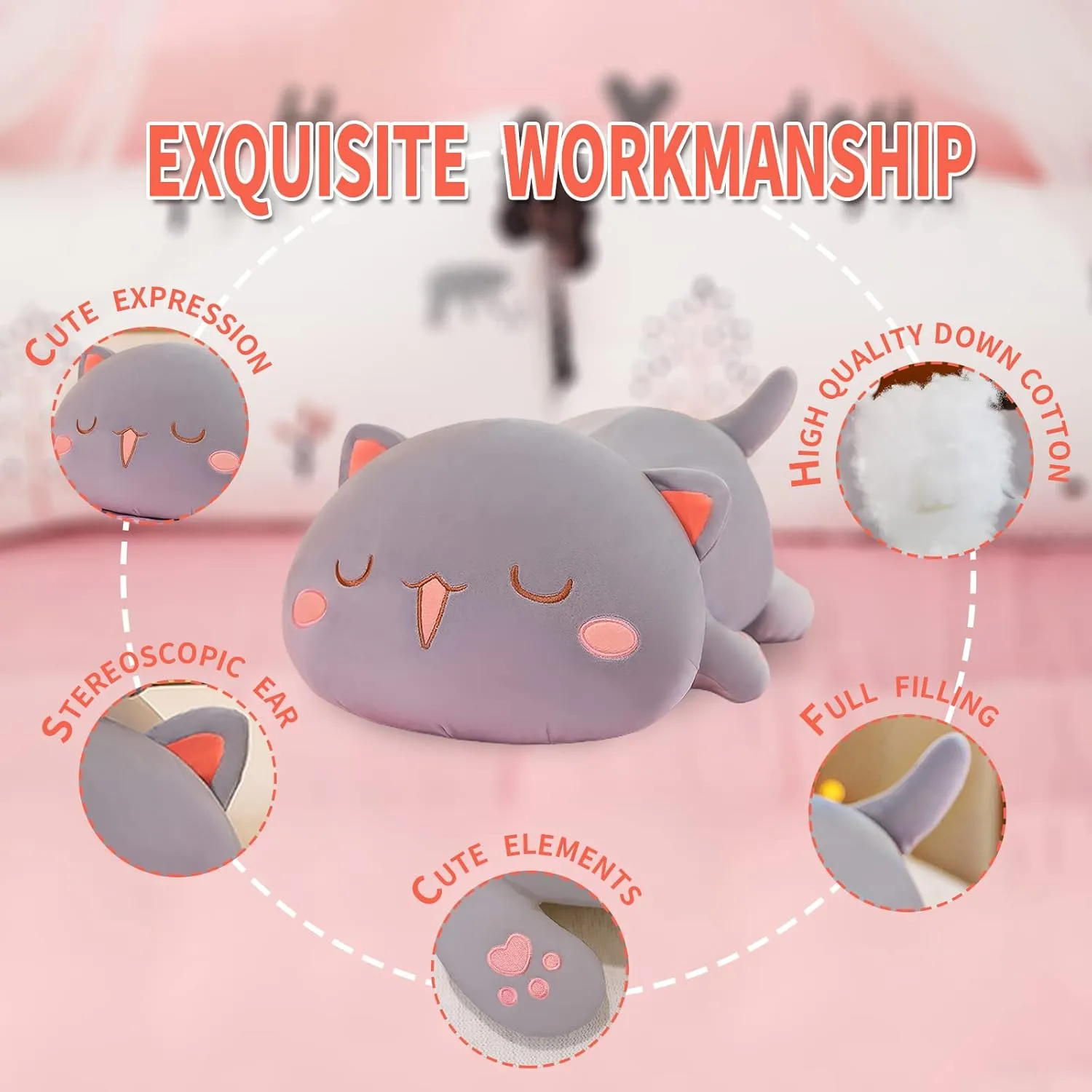 FUYU Cat Stuffed Animals, Soft Cat Plush Pillow Kawaii Kitten Stuffed Animal Toy Gifts for Kids Boys Girls Room Decor (Gray Squinted,15in/37cm)