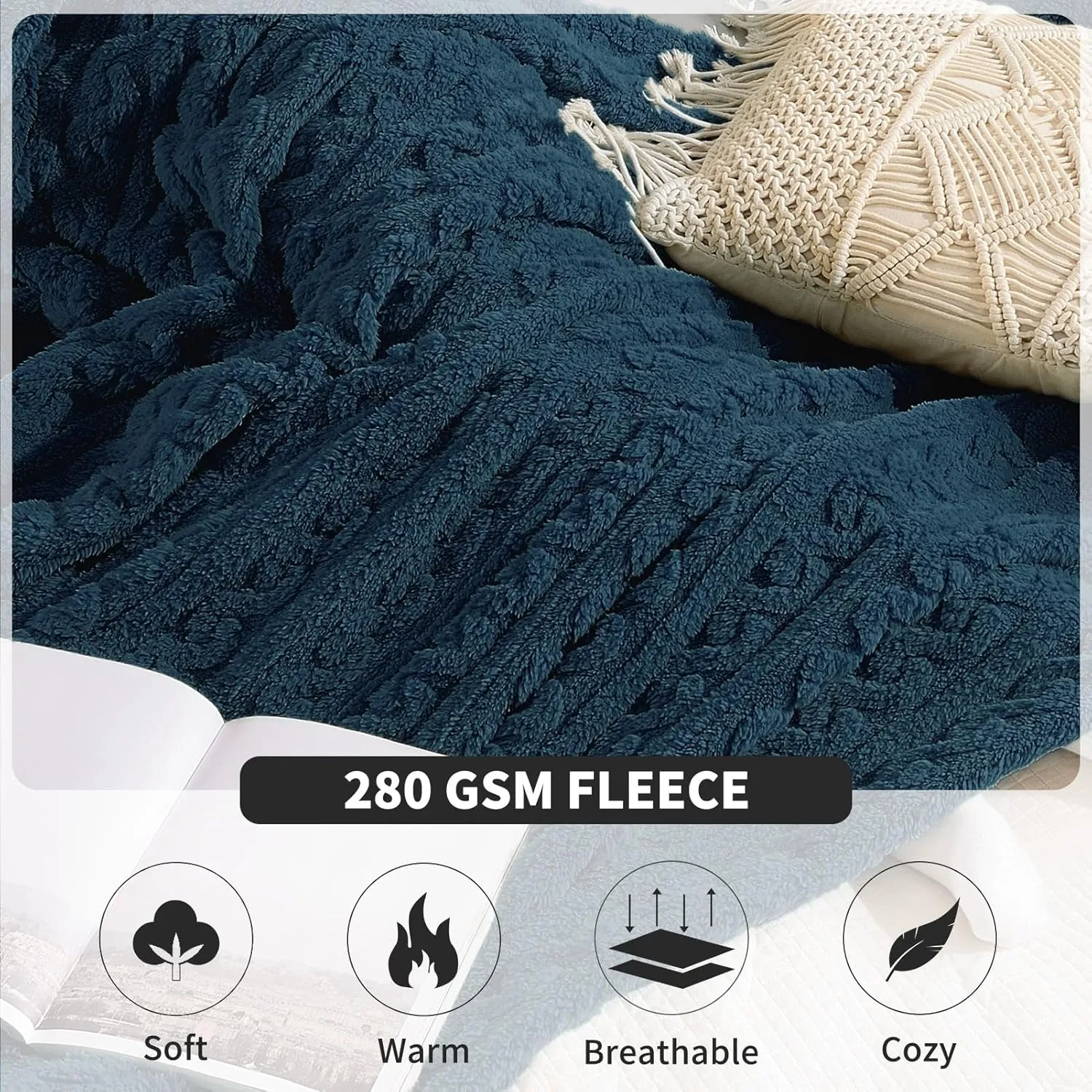 FY FIBER HOUSE Fleece Blanket – 3D Pattern Design Bedding Sherpa Throw Blanket for Camping, Travel Warm Super Soft Fluffy Cozy Decorative Twin 50”x60” Navy