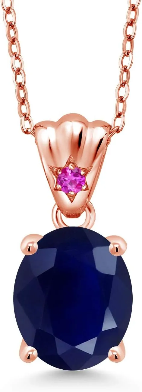 Gem Stone King 4.55 Ct Oval Blue Sapphire Pink Sapphire 18K Rose Gold Plated Silver Pendant