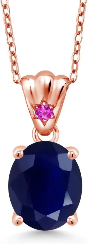 Gem Stone King 4.55 Ct Oval Blue Sapphire Pink Sapphire 18K Rose Gold Plated Silver Pendant