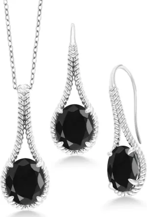 Gem Stone King 925 Sterling Silver Oval Black Sapphire Pendant and Earrings Jewelry Set For Women (13.20 Cttw, With 18 Inch Chain)