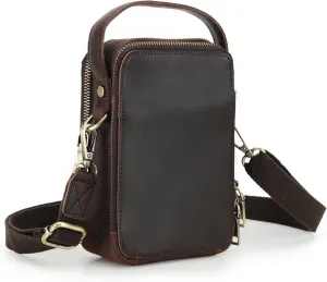 Genuine Leather Crossbody Bag for Men Women, with Adjustable Strap, Dual Zipper Compartments, Card Slots, and Back Pocket