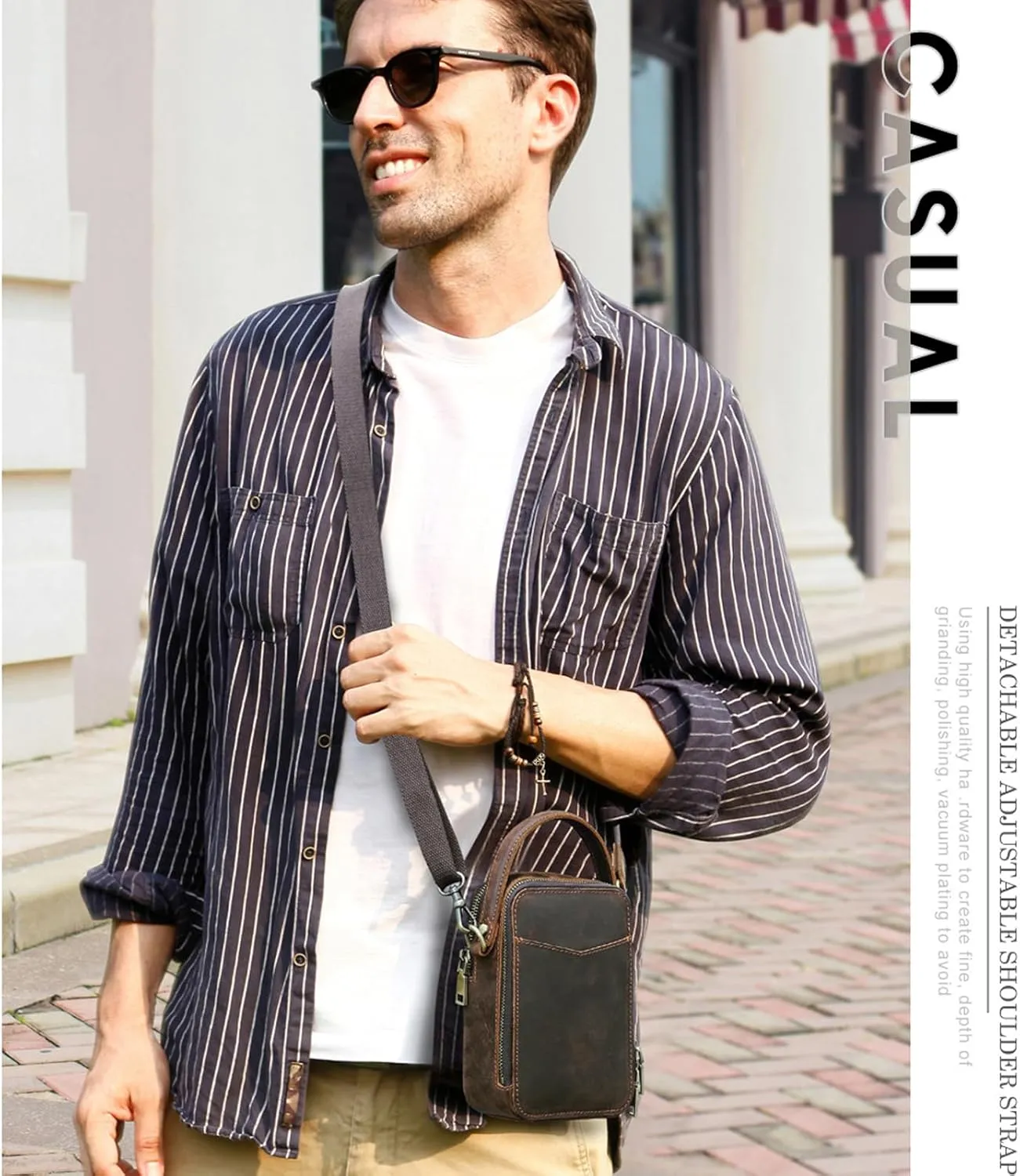Genuine Leather Crossbody Bag for Men Women, with Adjustable Strap, Dual Zipper Compartments, Card Slots, and Back Pocket