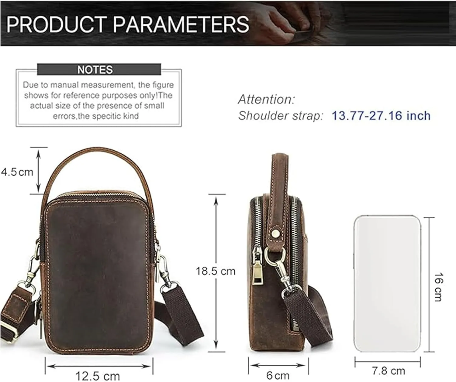 Genuine Leather Crossbody Bag for Men Women, with Adjustable Strap, Dual Zipper Compartments, Card Slots, and Back Pocket