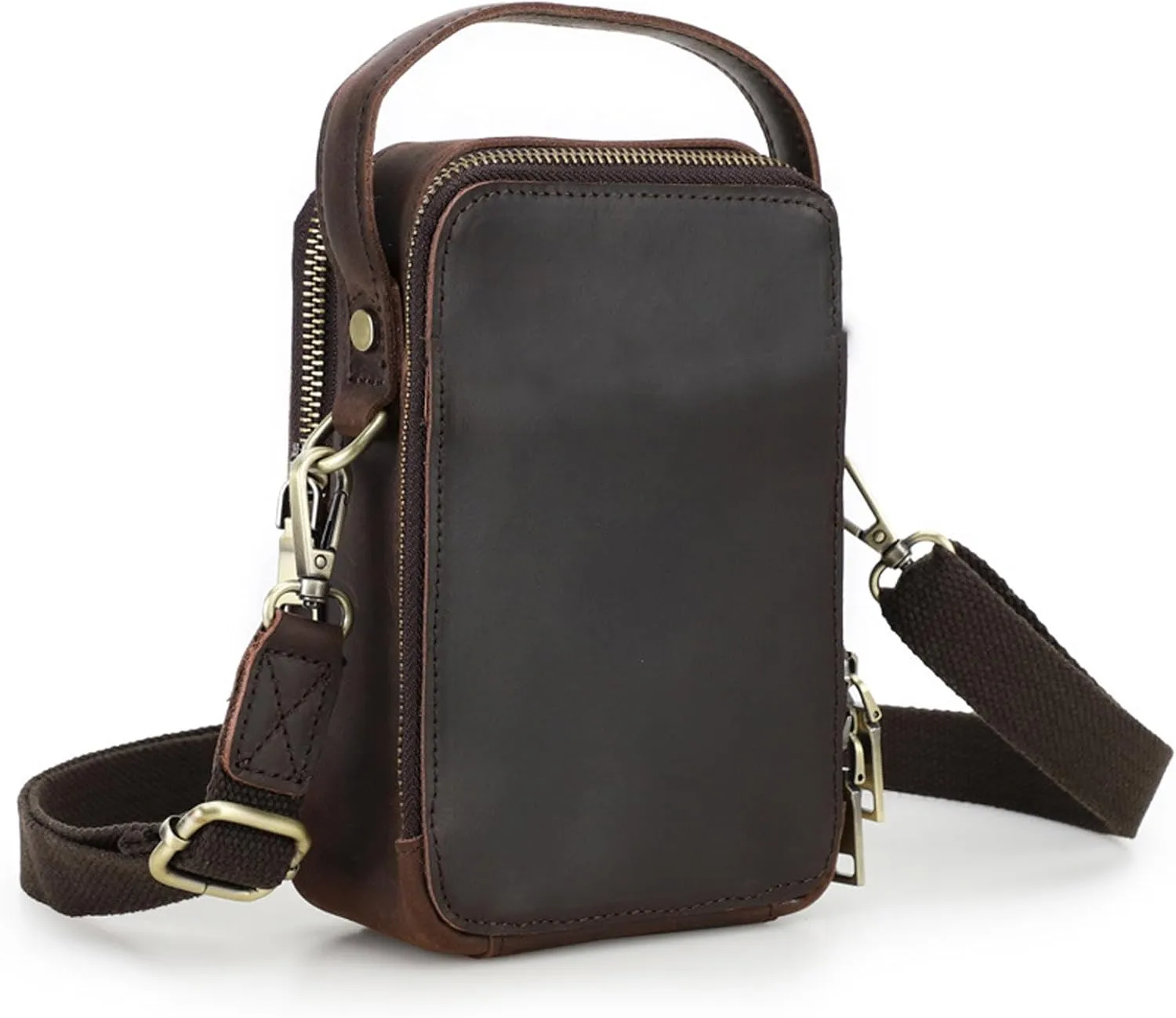 Genuine Leather Crossbody Bag for Men Women, with Adjustable Strap, Dual Zipper Compartments, Card Slots, and Back Pocket