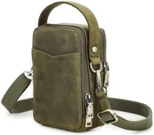 Genuine Leather Crossbody Bag for Men Women, with Adjustable Strap, Dual Zipper Compartments, Card Slots, and Back Pocket