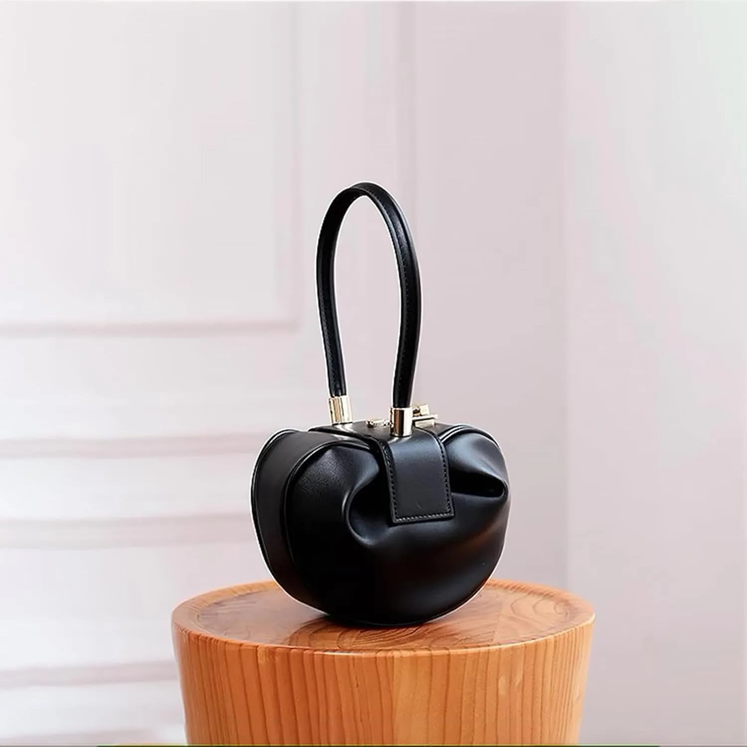 Genuine Leather Handbag, Dumplings Wonton Shoulder Bag, Retro Hobo Wristlet Bag, Women’s Evening Bag with Buckle Lock