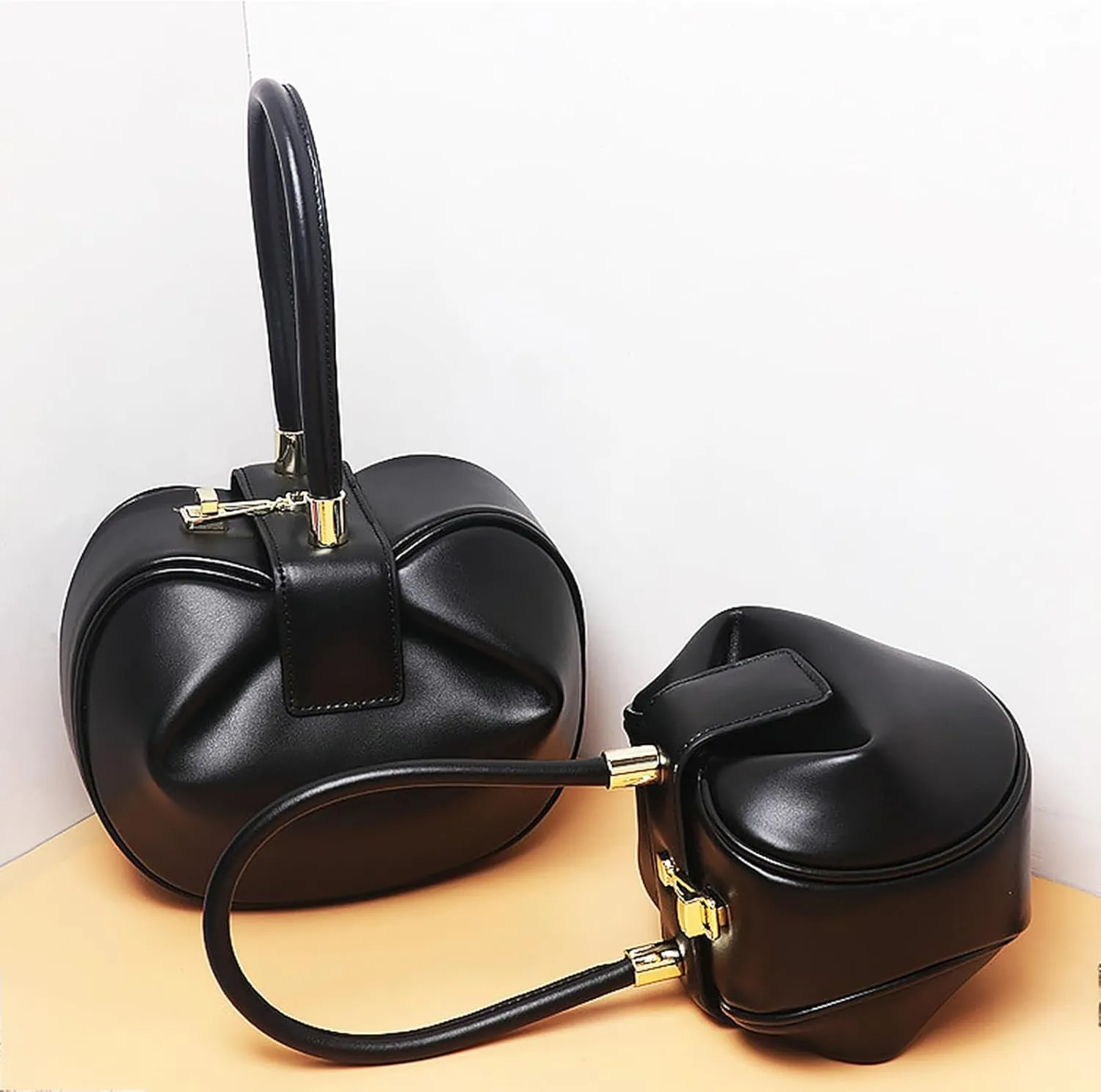 Genuine Leather Handbag, Dumplings Wonton Shoulder Bag, Retro Hobo Wristlet Bag, Women’s Evening Bag with Buckle Lock